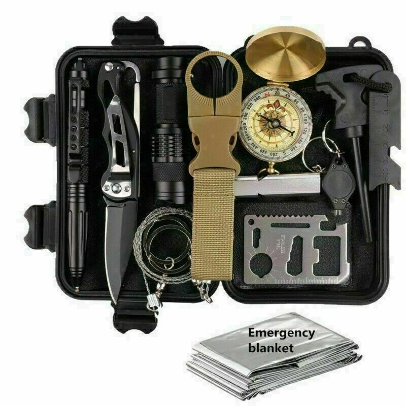 14-in-1 survival kit with knife, flashlight, compass, wire saw, whistle, fire starter, multi-tool card, and emergency blanket in black case