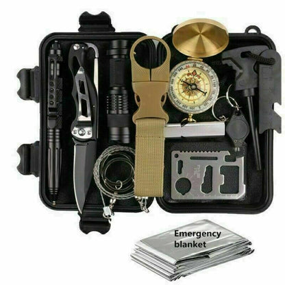 14-in-1 survival kit with knife, flashlight, compass, wire saw, whistle, fire starter, multi-tool card, and emergency blanket in black case
