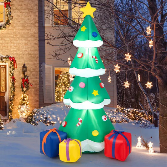 6ft inflatable Christmas tree with star topper and candy decorations, surrounded by colorful gift boxes in snowy outdoor holiday scene