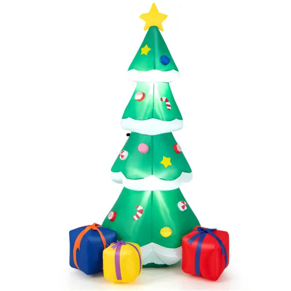 6ft inflatable Christmas tree with colorful candy decorations and star topper surrounded by multicolored gift boxes
