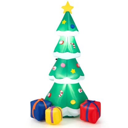 6ft inflatable Christmas tree with colorful candy decorations and star topper surrounded by multicolored gift boxes