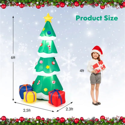 6ft tall green inflatable Christmas tree with ornaments and star topper, surrounded by wrapped gift boxes, kid with Santa hat holding present