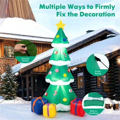 Inflatable 6ft Christmas tree decoration with colorful presents outside snowy wooden cabin