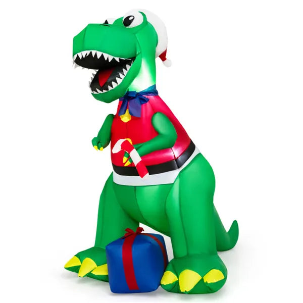 6ft inflatable green dinosaur wearing Santa hat and red Christmas vest holding candy cane with blue gift box