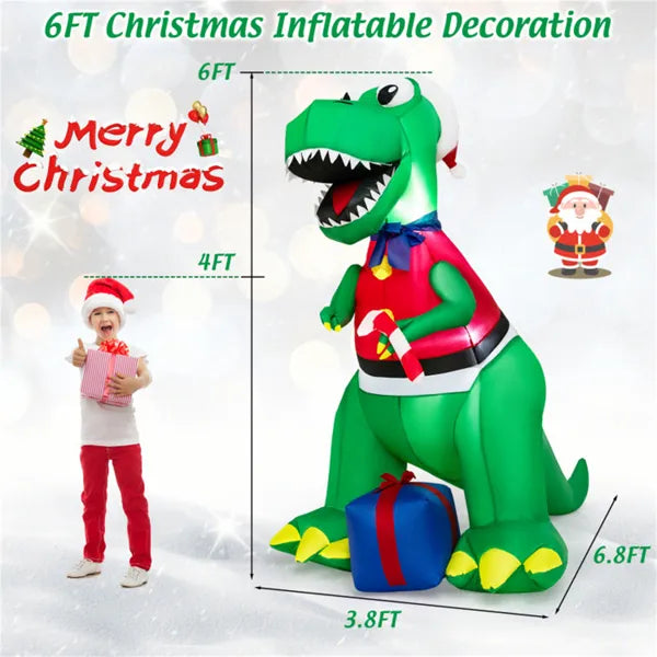 6ft tall inflatable green dinosaur Christmas decoration with Santa hat, candy cane, and gift box