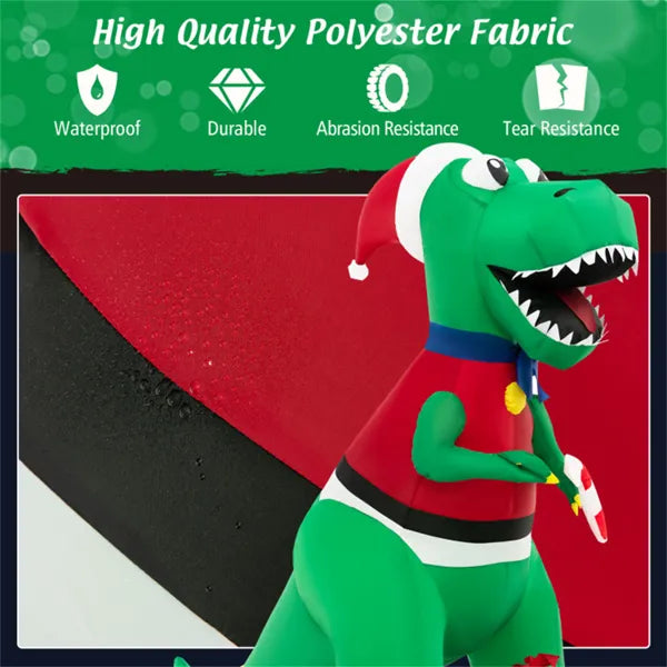 Inflatable green Christmas dinosaur wearing Santa hat and red sweater, waterproof durable polyester fabric