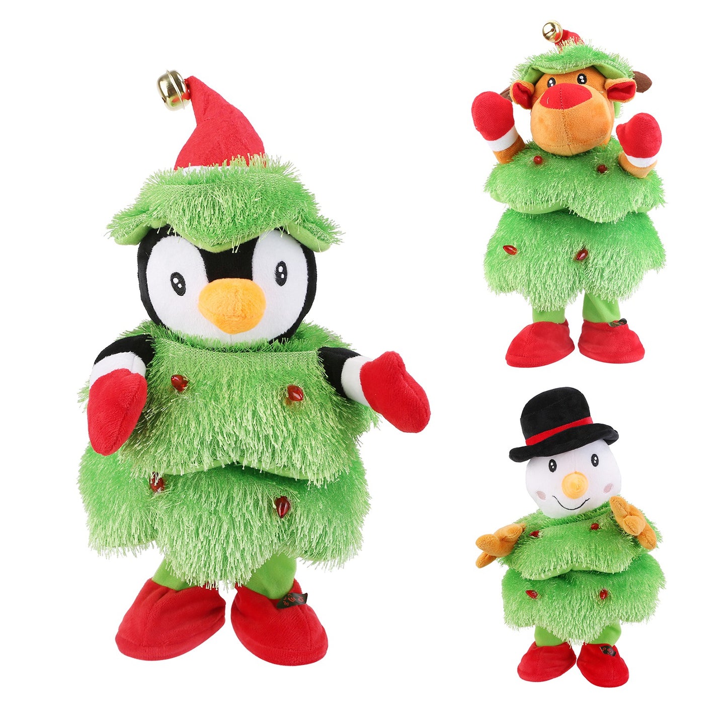 Plush talking Christmas toys dressed as tree with red shoes and hats: penguin, reindeer, and snowman