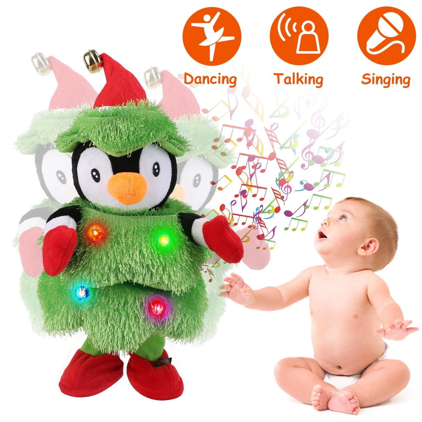 Dancing, talking, and singing Christmas tree penguin plush toy with colorful lights facing a surprised baby