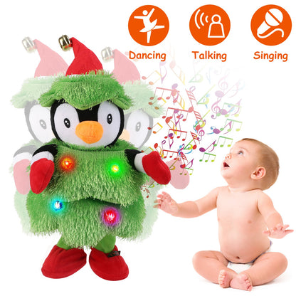 Dancing, talking, and singing Christmas tree penguin plush toy with colorful lights facing a surprised baby