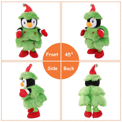 Plush penguin toy in green Christmas tree costume with red hat, mittens, and shoes shown from four angles
