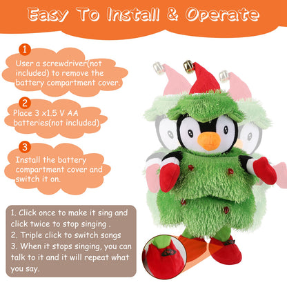 Interactive singing and talking Christmas penguin plush toy with green tree outfit and red mittens