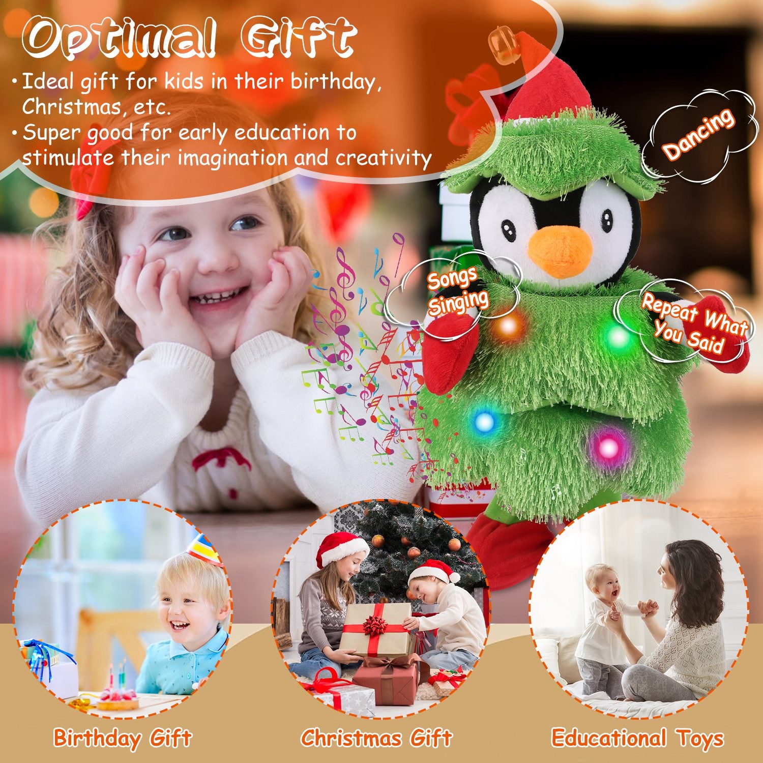 Child with a dancing, singing Christmas tree plush toy penguin with colorful lights, ideal gift for kids