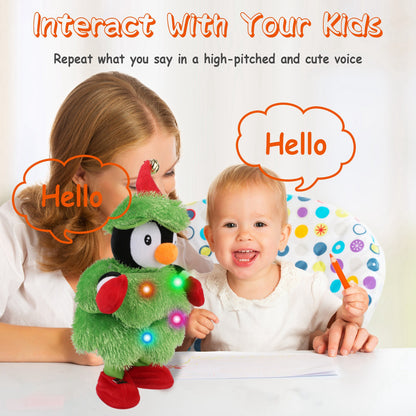 Happy toddler and woman interacting with colorful talking dancing penguin plush toy with lights
