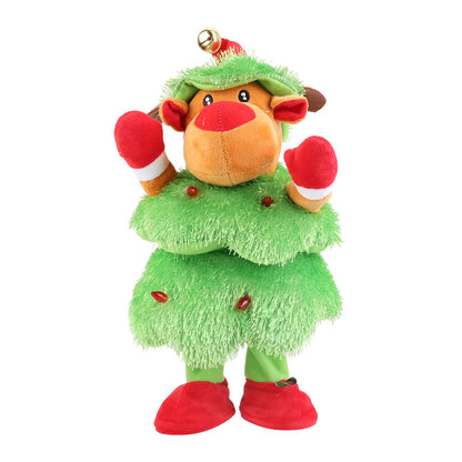 Plush dancing reindeer toy dressed as a green Christmas tree with red mittens and hat bell