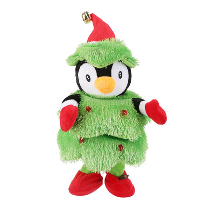 Plush penguin toy dressed as a Christmas tree with green tinsel, red mittens, hat with bell, and red slippers