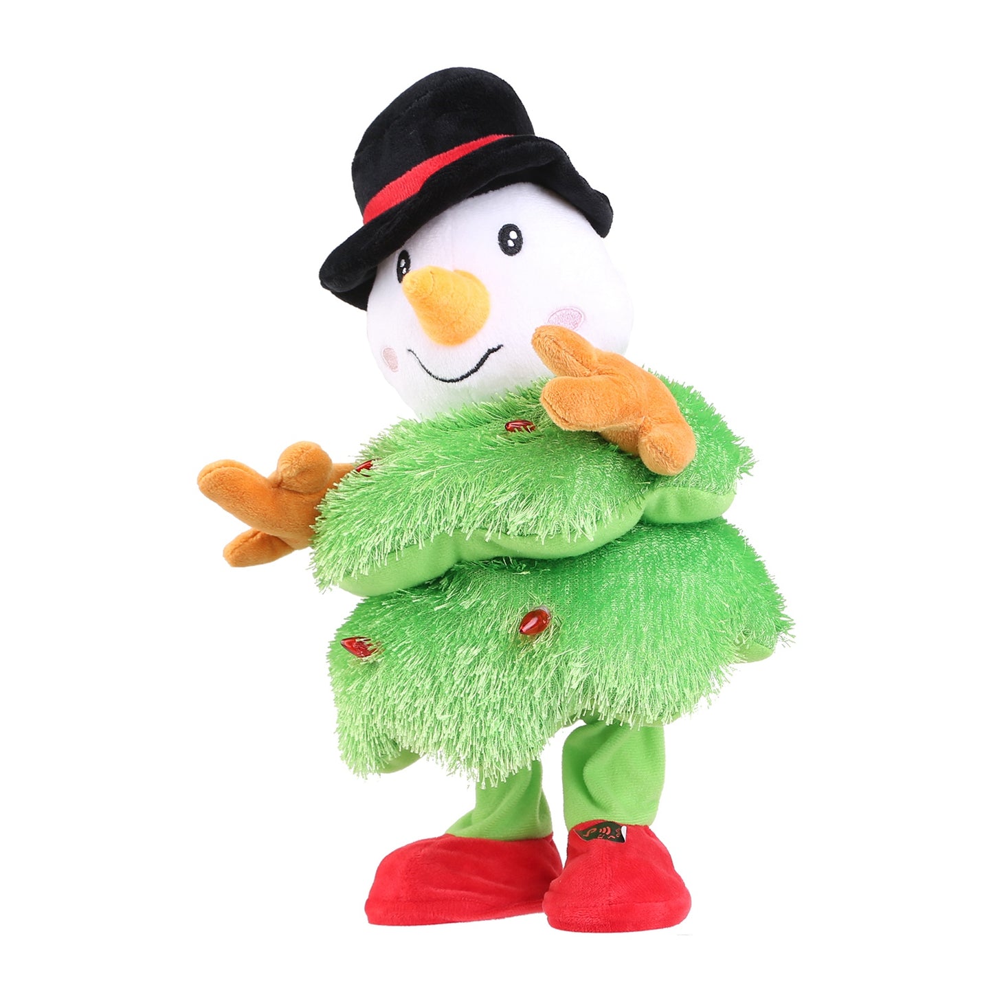 Plush snowman toy wearing black hat, green tinsel skirt, orange gloves, and red shoes