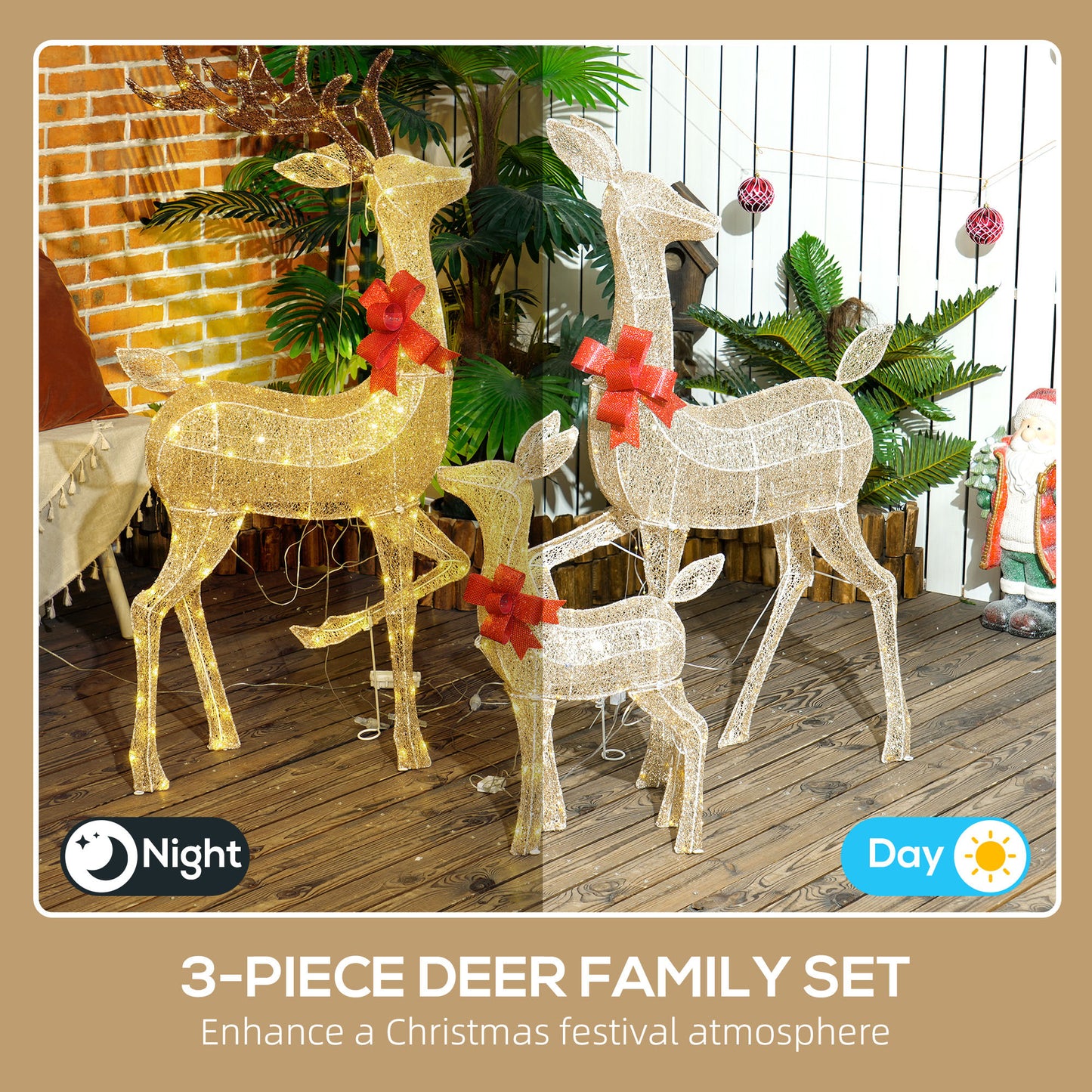 3-piece lighted gold deer family Christmas decorations with red bows on wooden floor