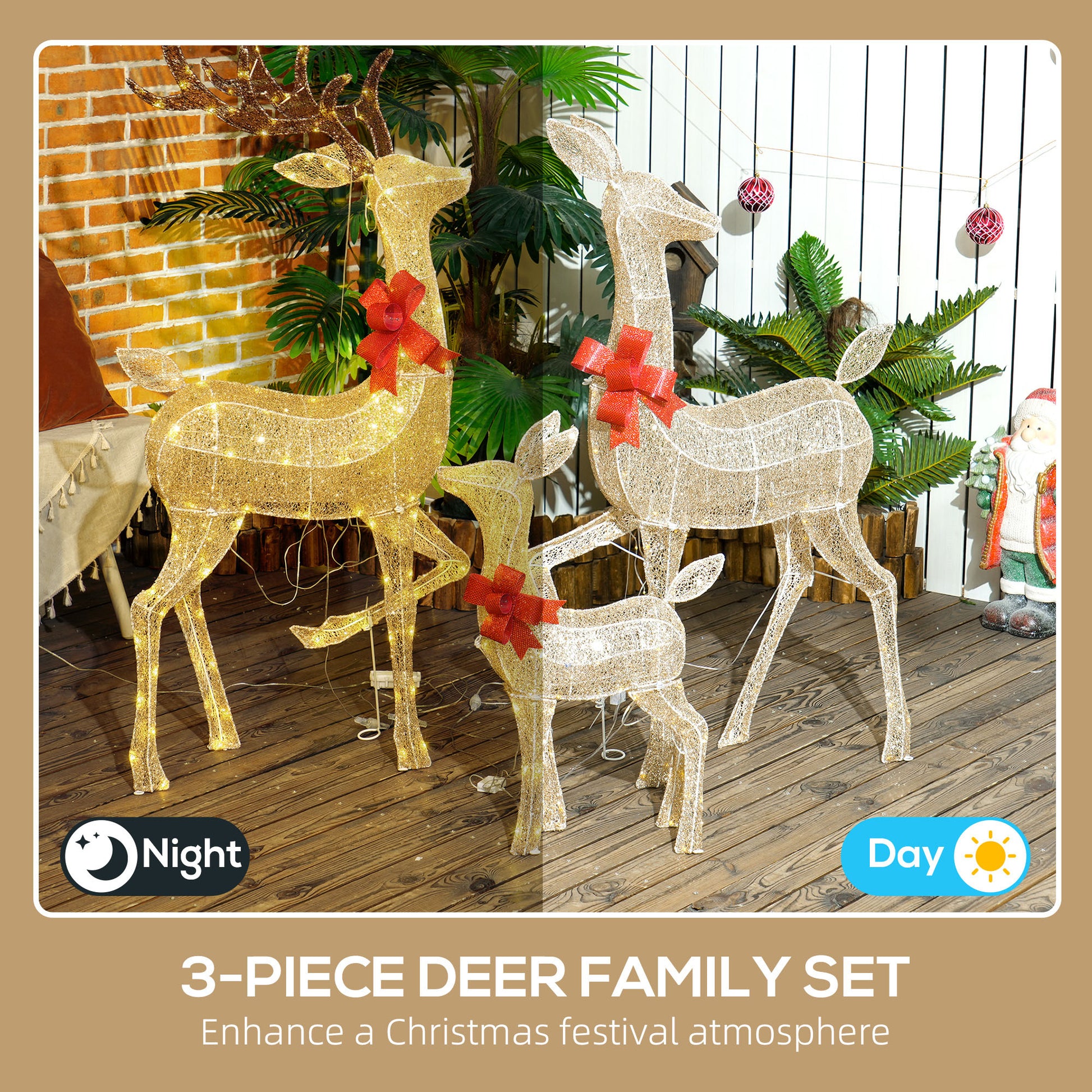 3-piece lighted gold deer family Christmas decorations with red bows on wooden floor