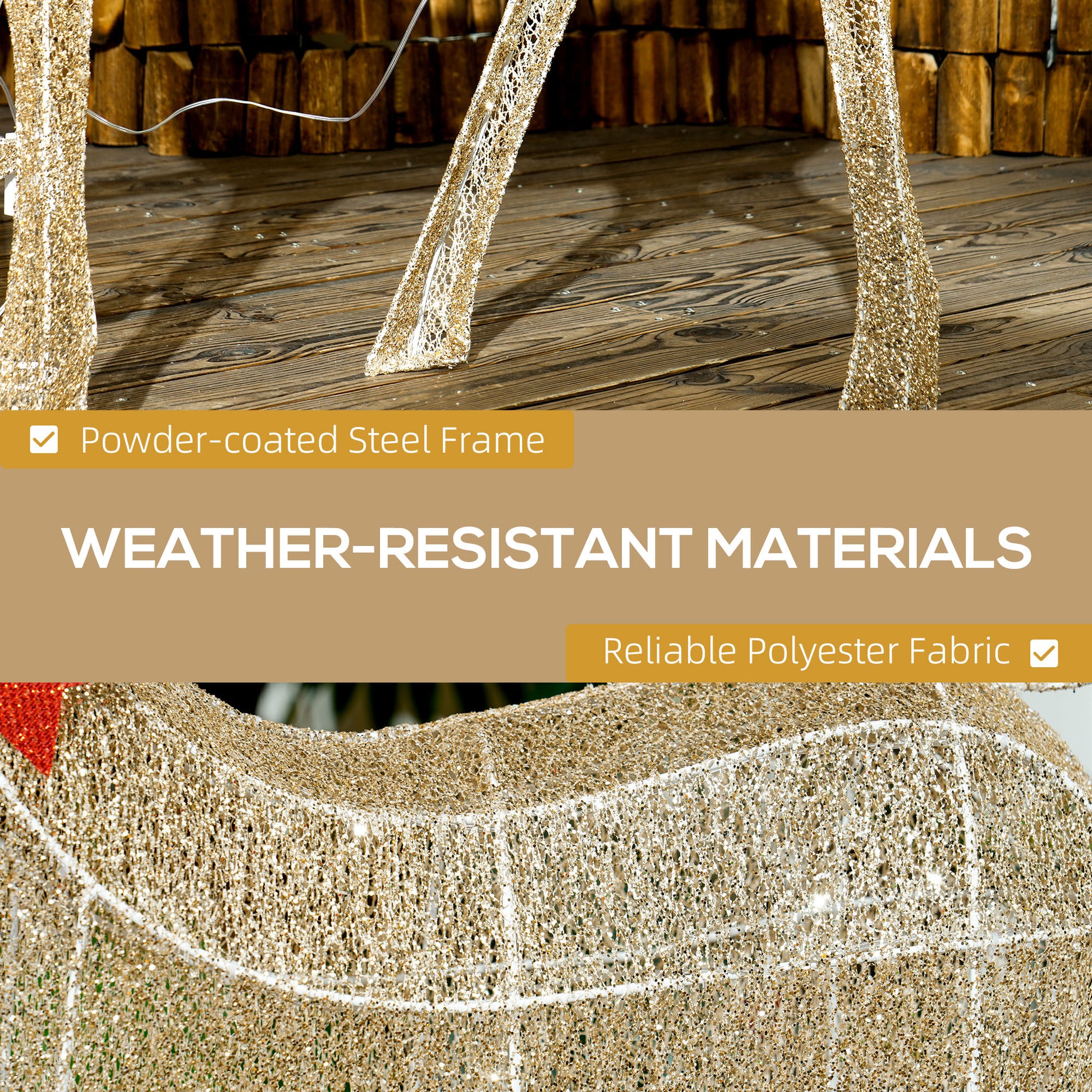 Close-up of gold lighted reindeer legs and body on wooden floor, outdoor Christmas decoration