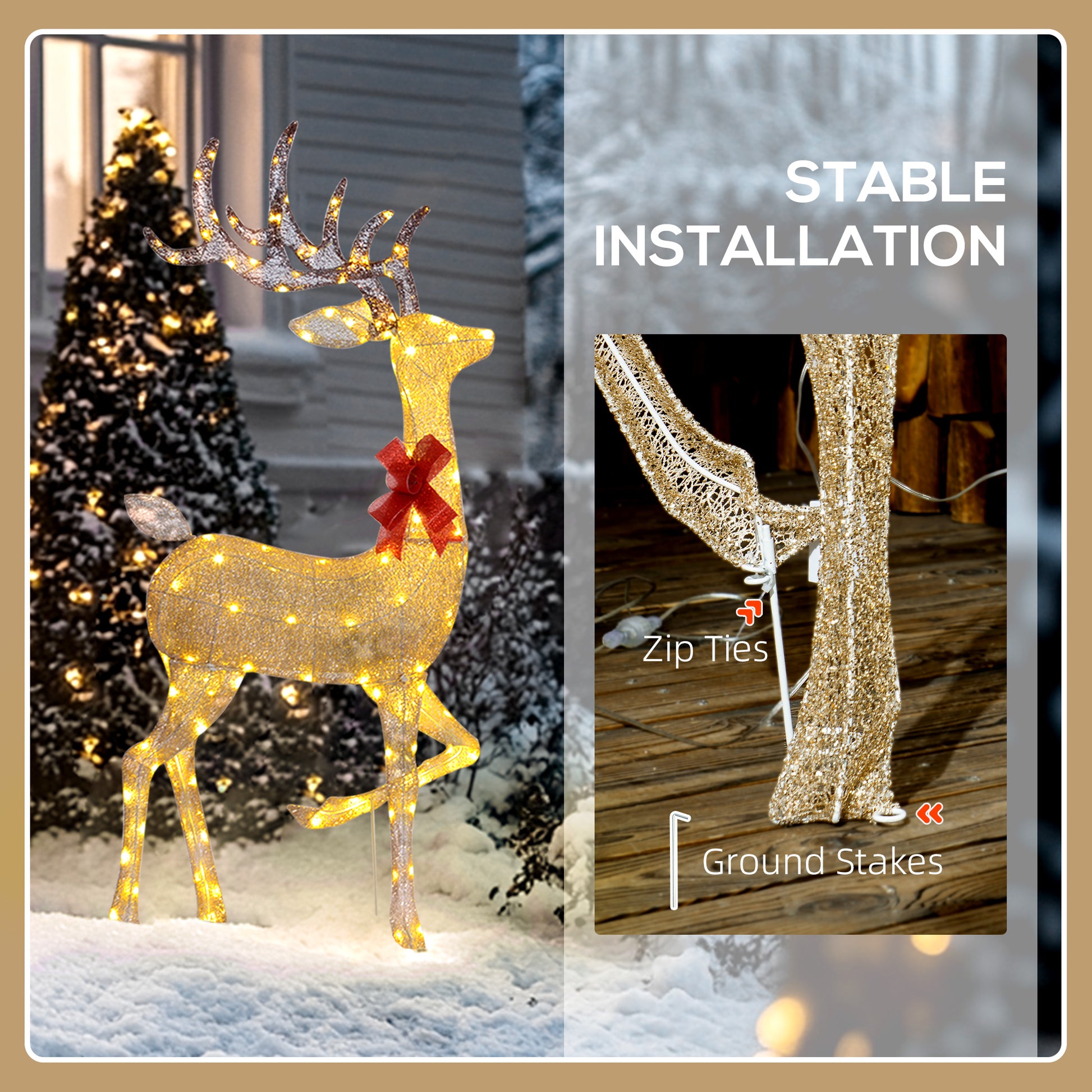 Lighted gold wireframe reindeer with red bow in snow, decorated Christmas tree in background, zip ties, ground stakes