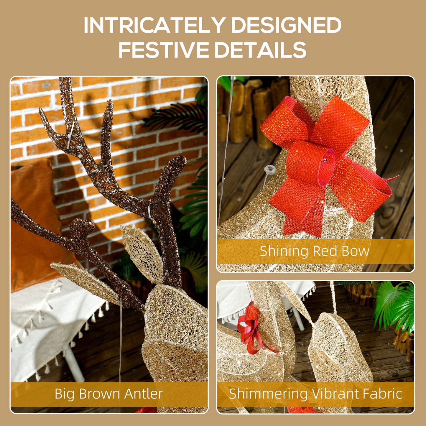 Gold reindeer Christmas decorations with big brown antlers, shining red bow, and shimmering fabric