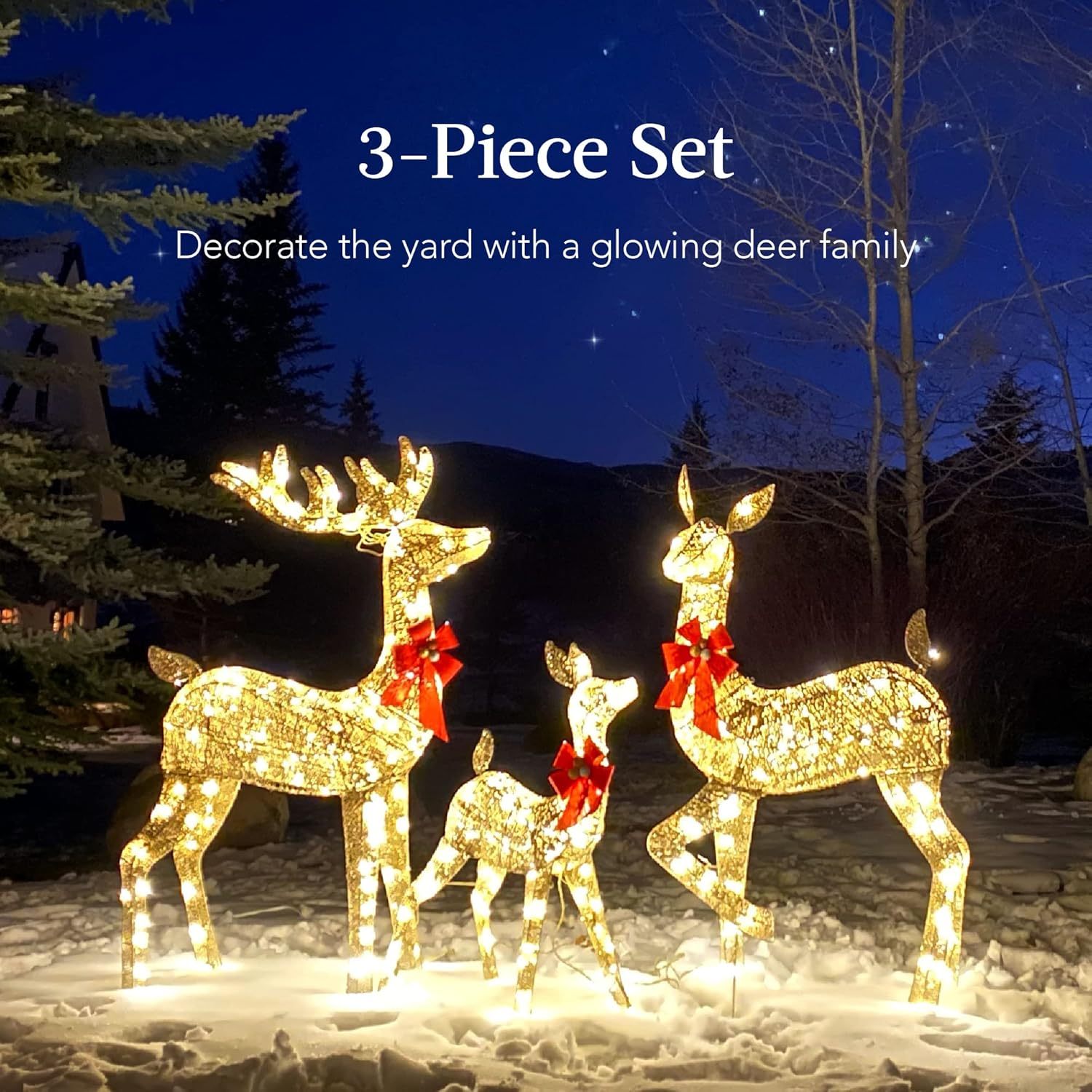 Glowing outdoor 3-piece golden deer family decoration set with red bows on snow