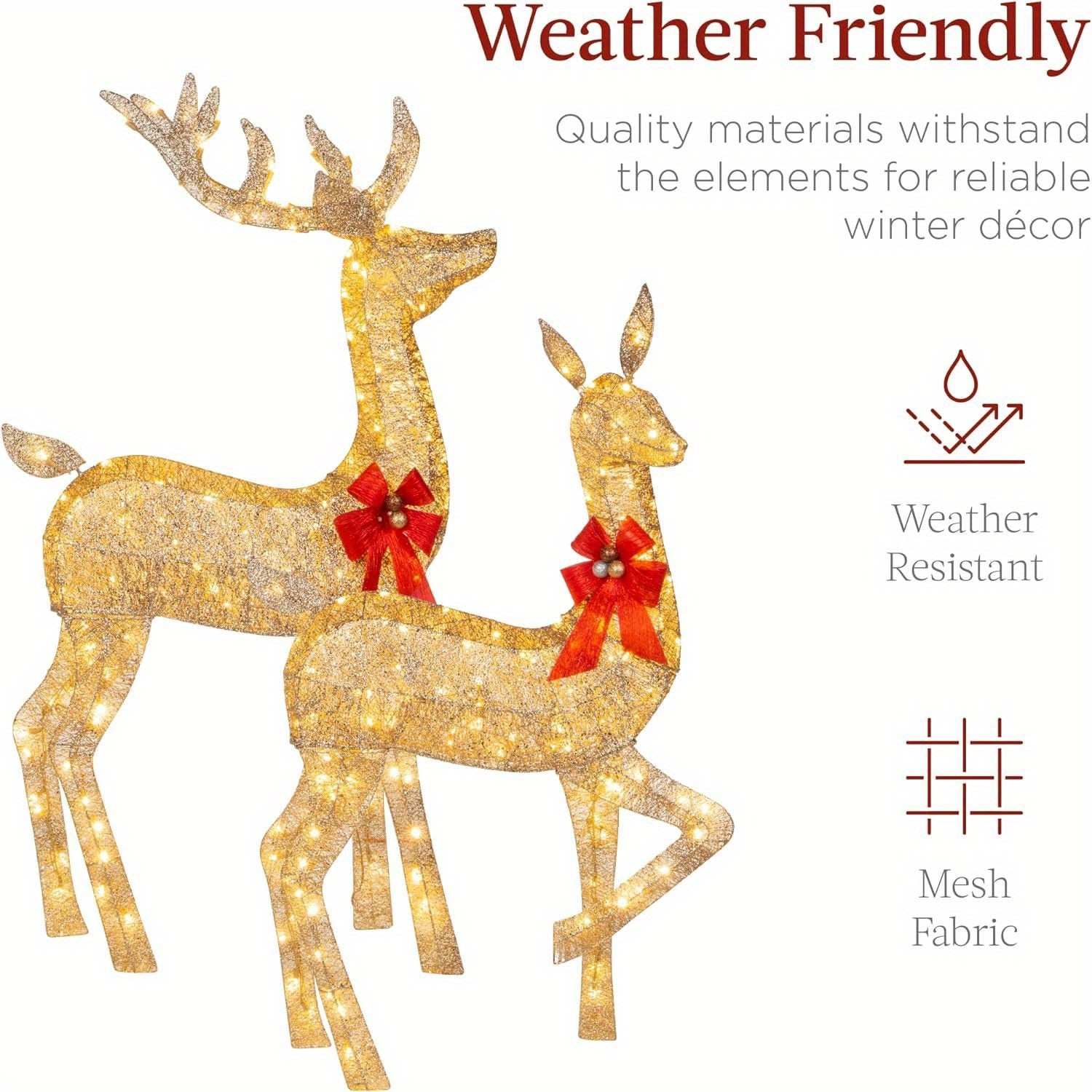 Three-piece golden Christmas reindeer set with LED lights and red bows, weather resistant mesh fabric decor