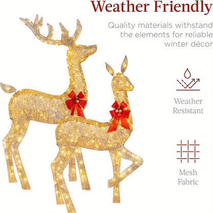 Three-piece golden Christmas reindeer set with LED lights and red bows, weather resistant mesh fabric decor