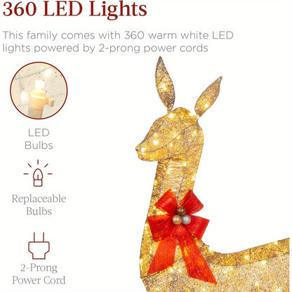 Golden Christmas reindeer decoration with 360 warm white LED lights and red bow