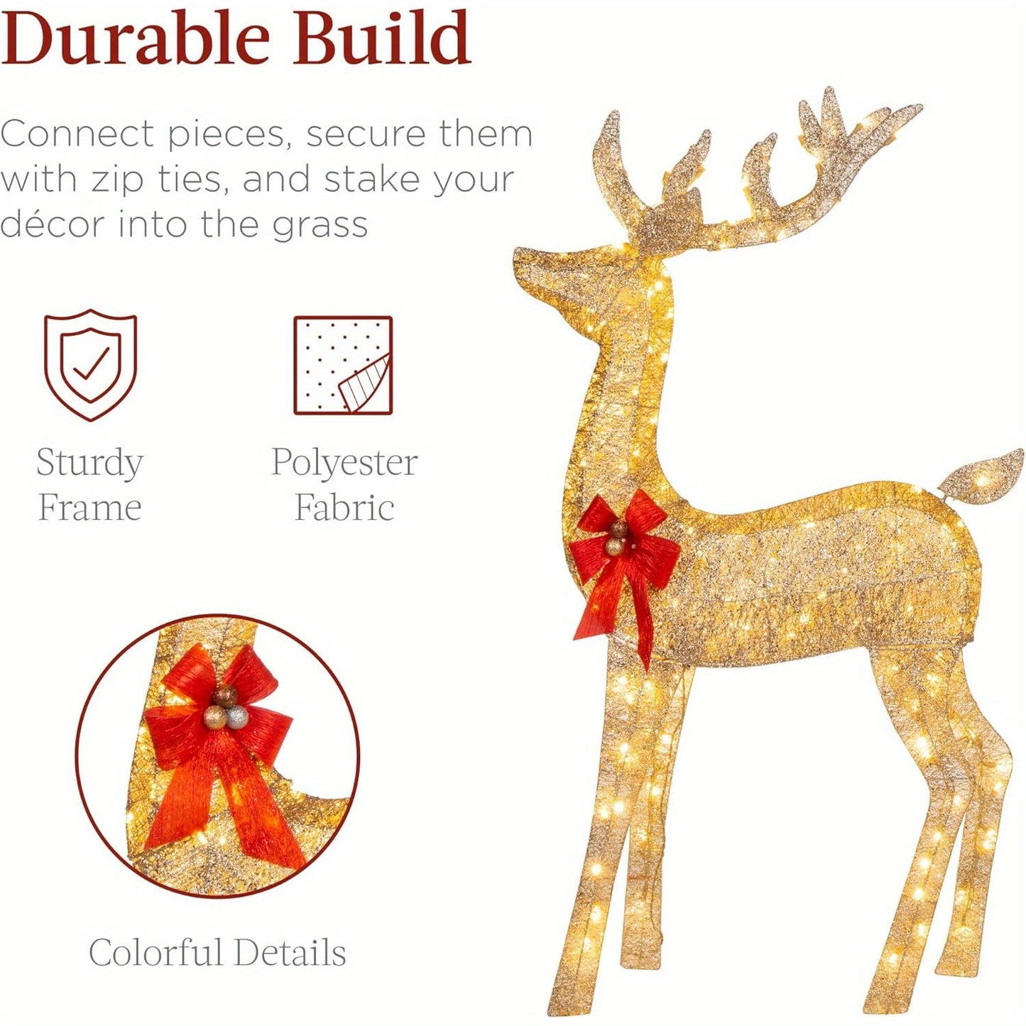 Golden LED-lit Christmas reindeer with red bow, sturdy frame and polyester fabric decoration