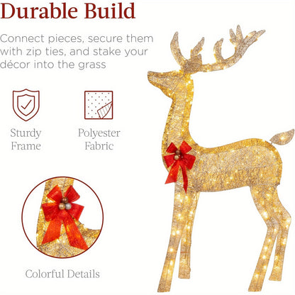 Golden LED-lit Christmas reindeer with red bow, sturdy frame and polyester fabric decoration