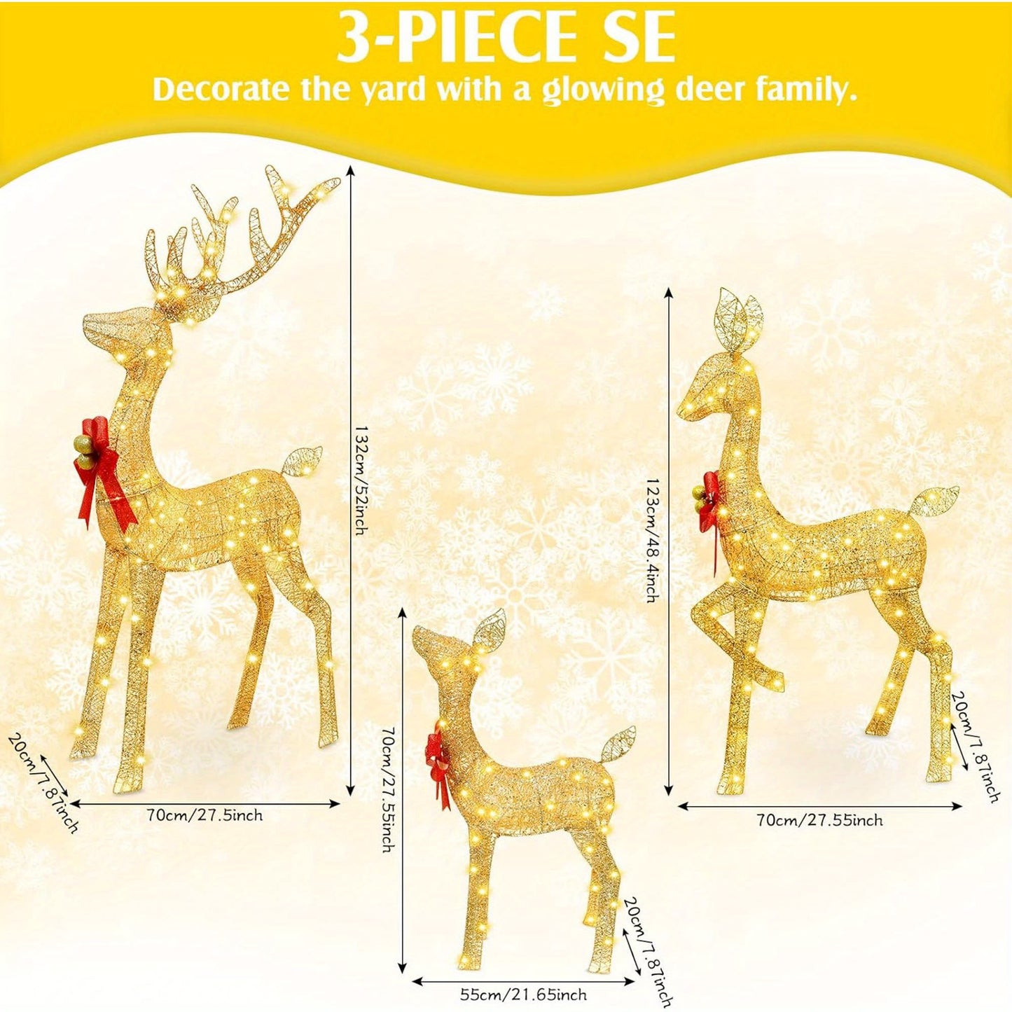 3-piece set of glowing golden LED Christmas reindeer decorations with red bows