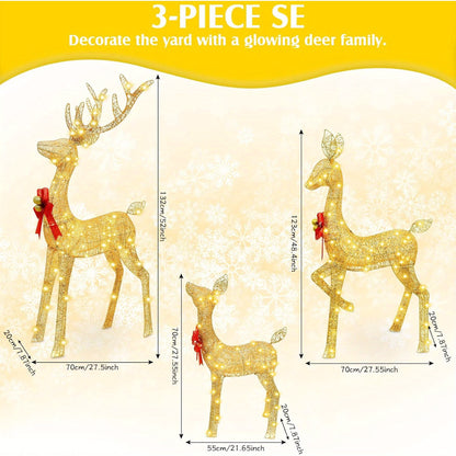 3-piece set of glowing golden LED Christmas reindeer decorations with red bows