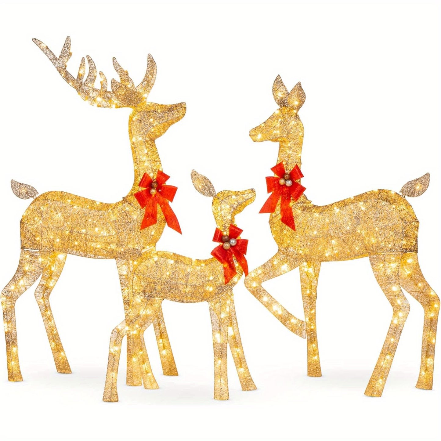 Set of three gold glittered Christmas reindeer decorations with LED lights and red bows