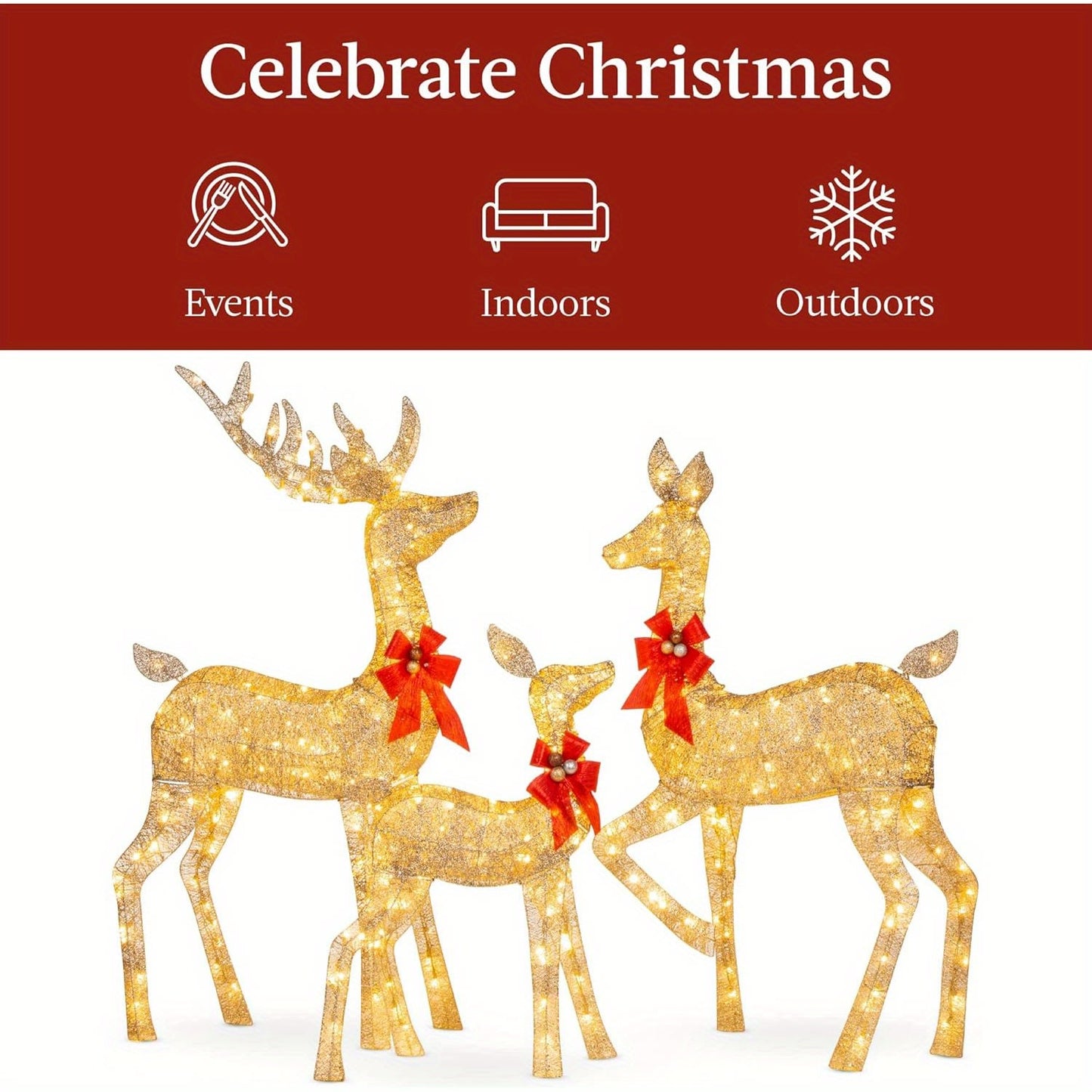 Set of three gold LED illuminated Christmas reindeer outdoor decorations with red bow accents
