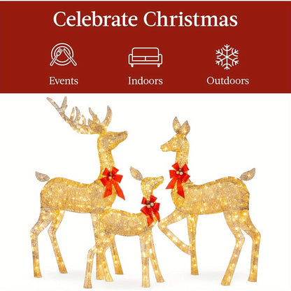 Set of three gold LED illuminated Christmas reindeer outdoor decorations with red bow accents