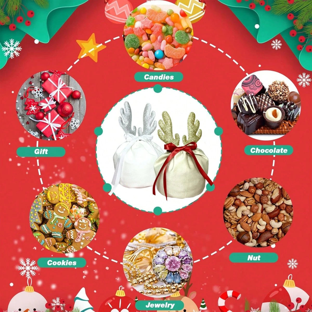 Christmas velvet drawstring gift pouches with silver and gold reindeer antlers on red background