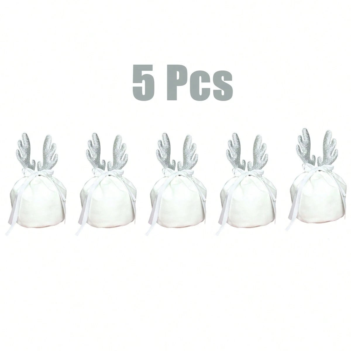 Set of 5 white velvet Christmas gift pouches with silver glitter reindeer antlers and white ribbon drawstrings