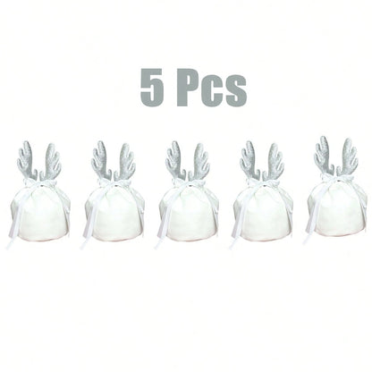 Set of 5 white velvet Christmas gift pouches with silver glitter reindeer antlers and white ribbon drawstrings