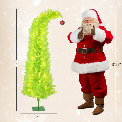 6-foot whimsical green Christmas tree with LED lights and single red ornament next to Santa Claus