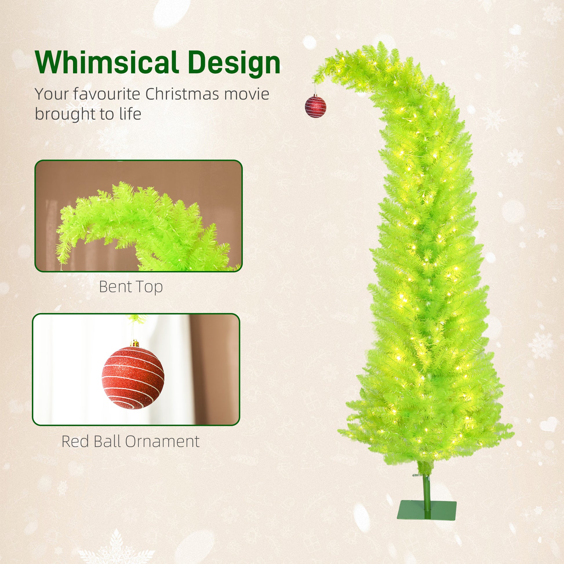 6ft slim whimsical green Christmas tree with bent top and single red ball ornament, pre-lit with LED lights