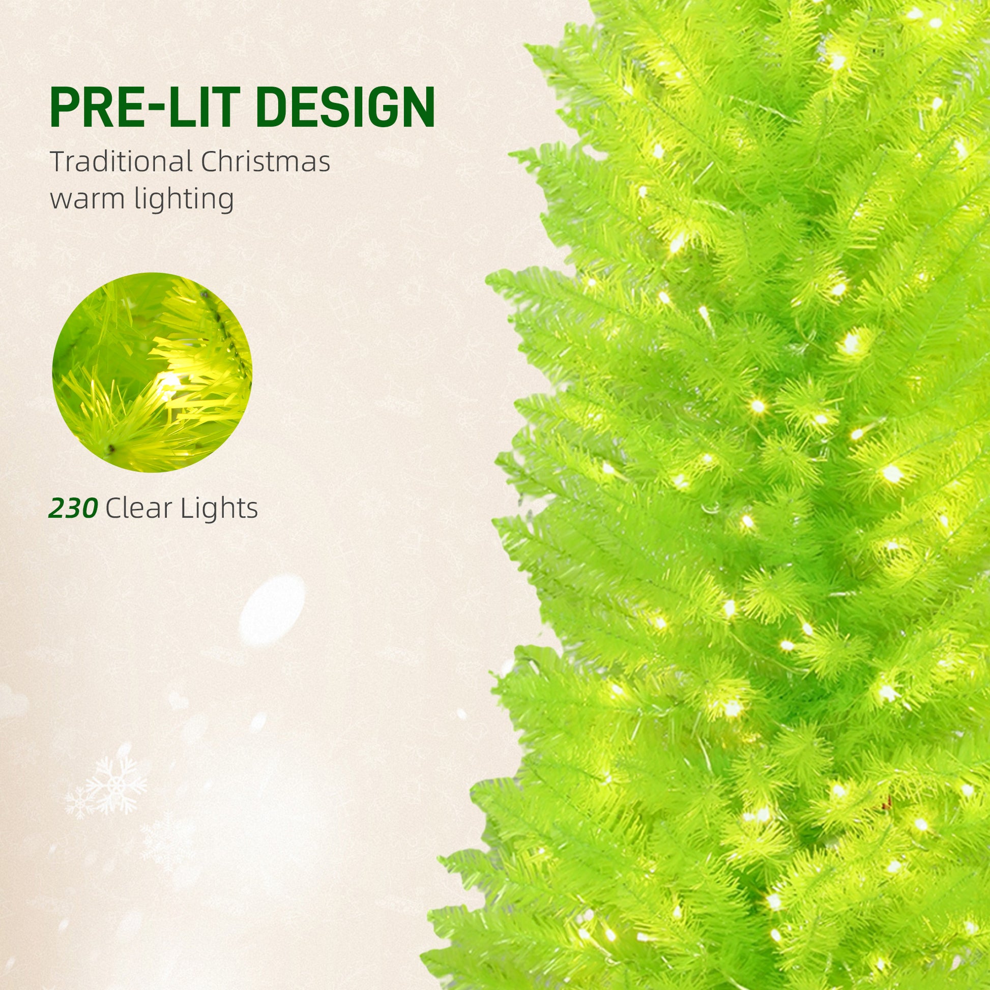 Green artificial Christmas tree with 230 warm pre-lit clear LED lights for traditional holiday decor