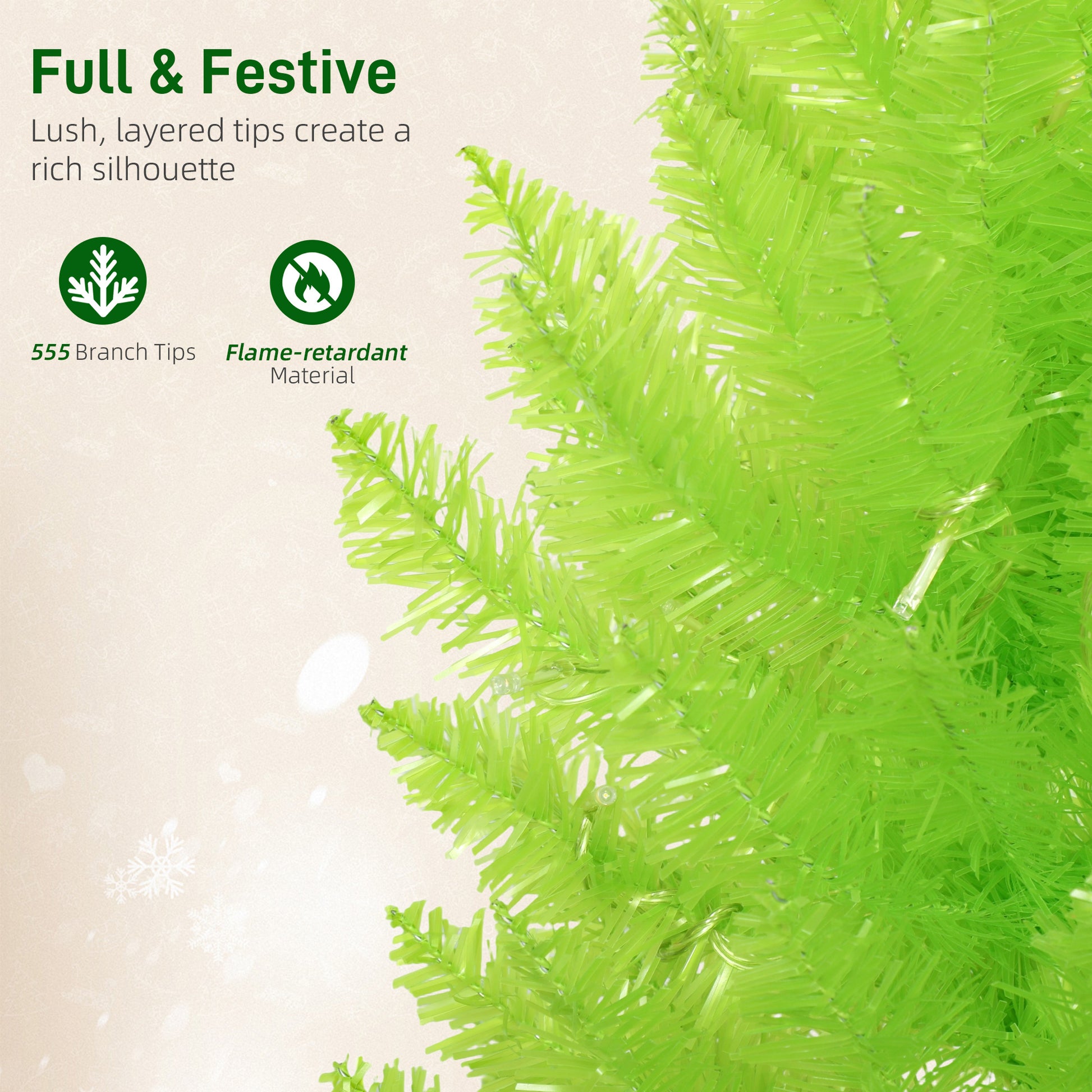 Close-up of bright green artificial Christmas tree branches with pre-lit LED lights and flame-retardant tips