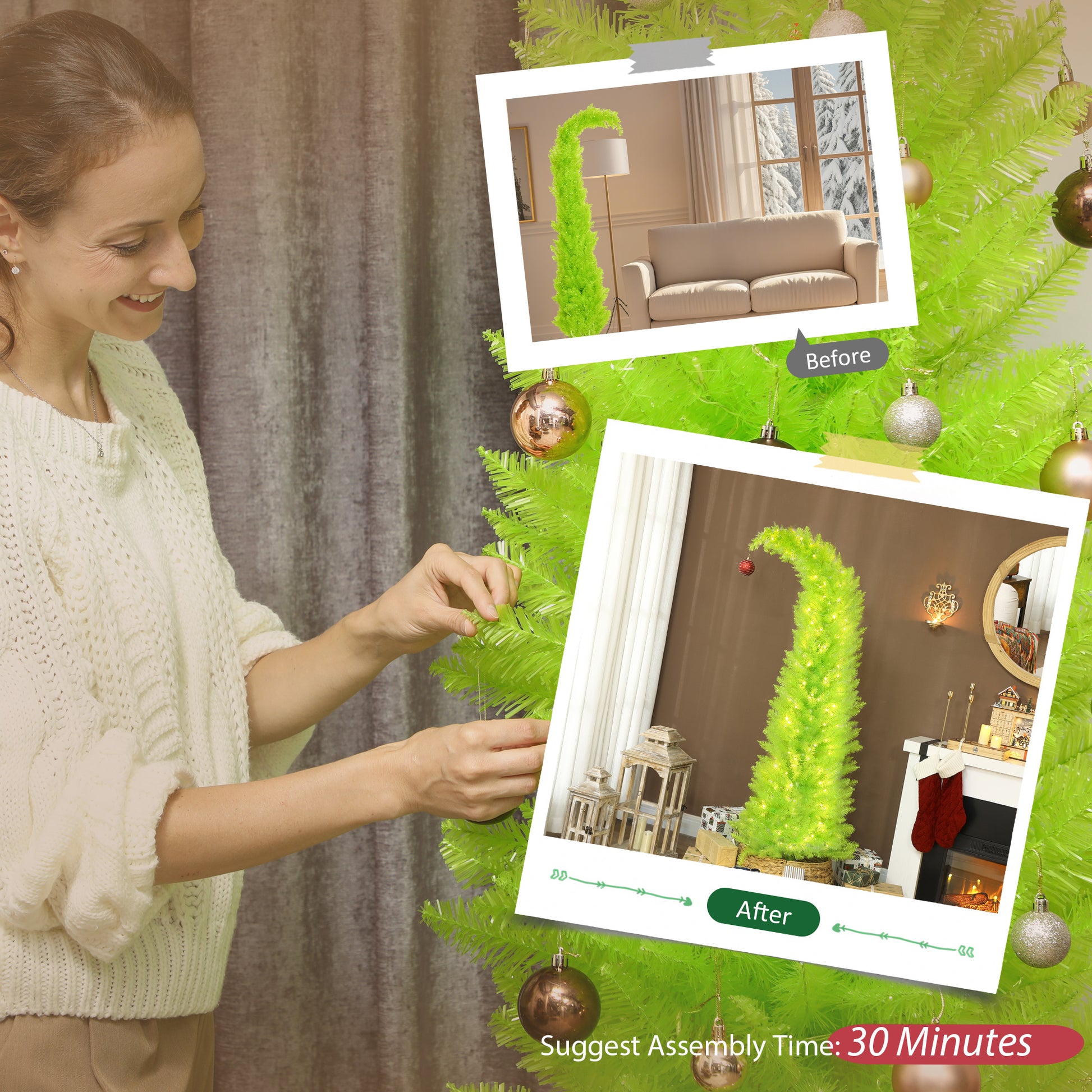 Woman decorating bright green whimsical curved Christmas tree with LED lights and gold ornaments