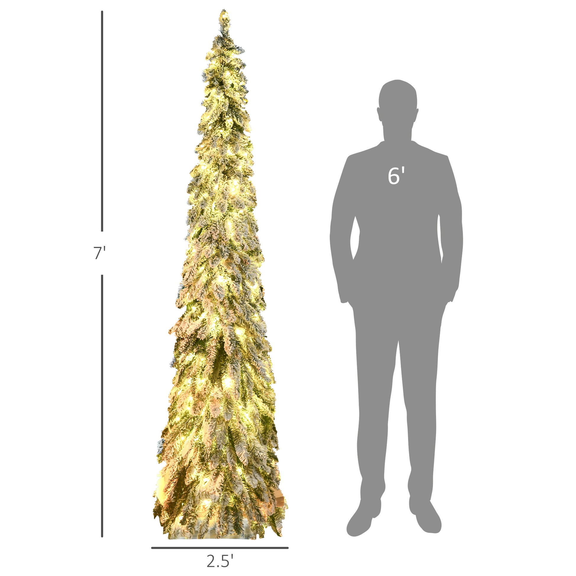 7ft slim flocked artificial Christmas tree with warm white lights, 2.5ft wide beside 6ft silhouette