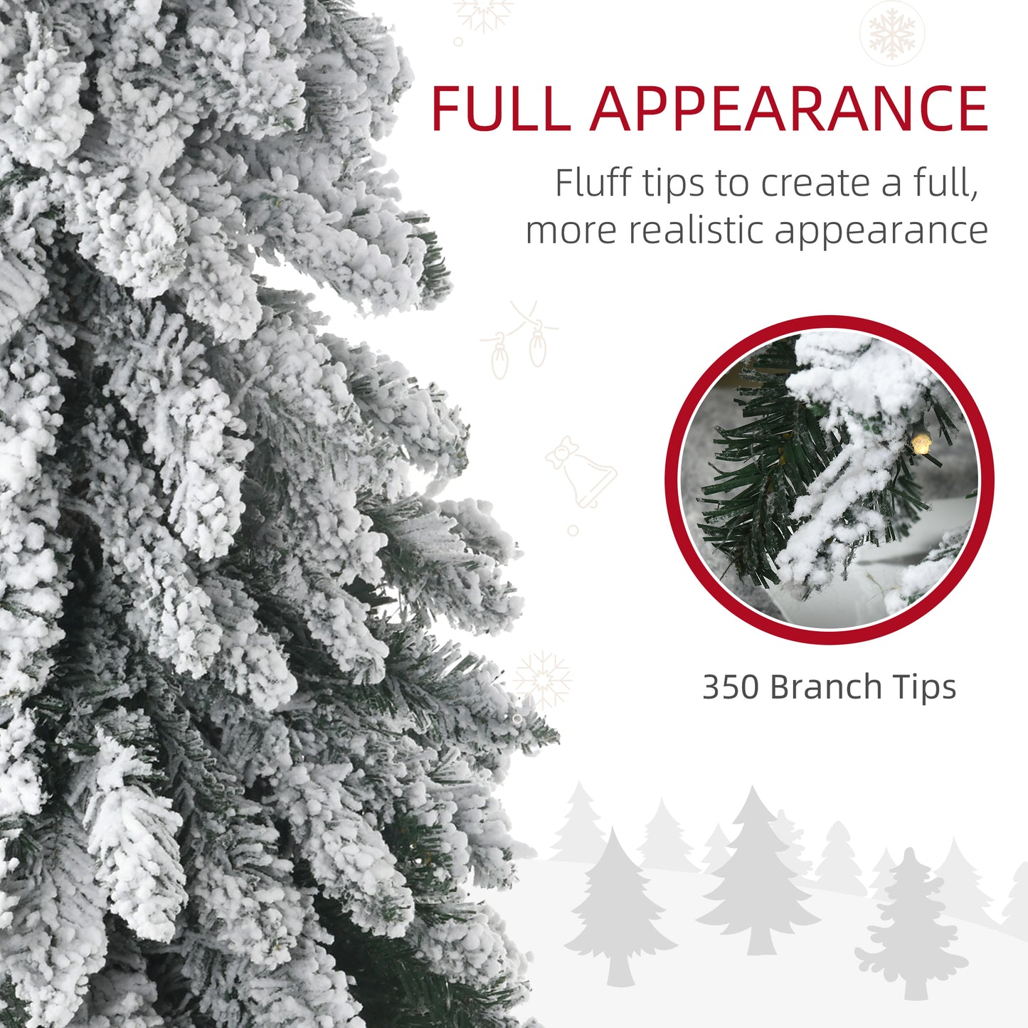 Close-up of flocked artificial Christmas tree branches with 350 tips for full, realistic appearance