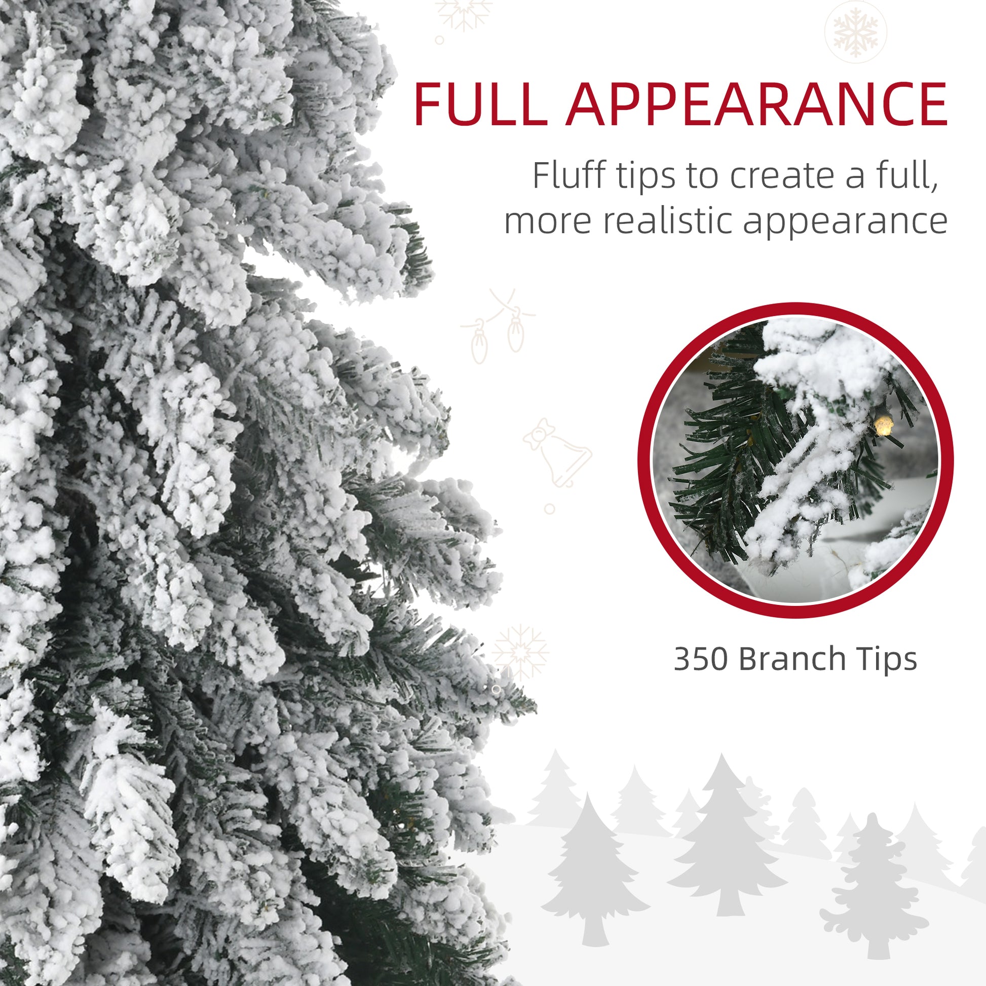Close-up of flocked artificial Christmas tree branches with 350 tips for full, realistic appearance