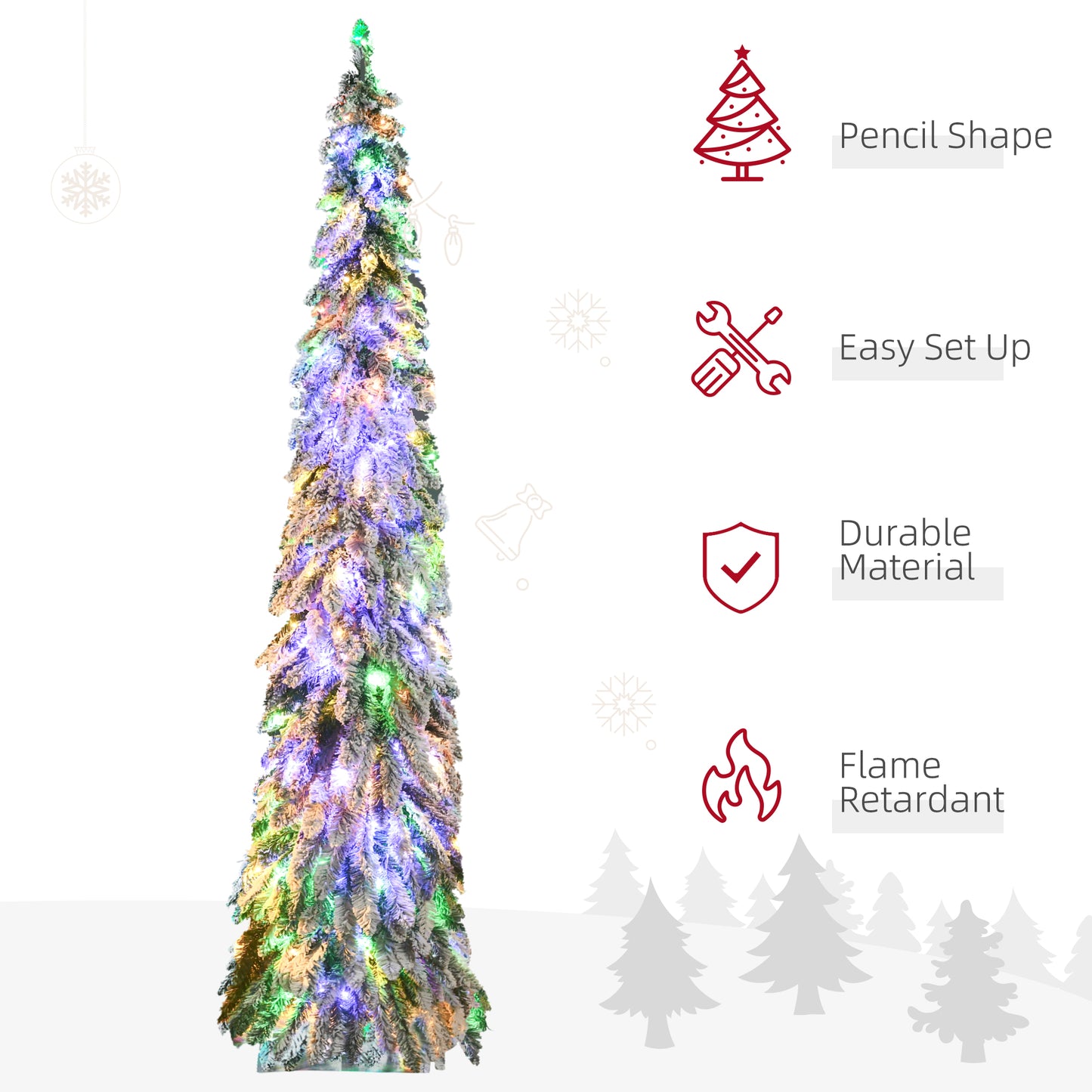 Slim flocked artificial Christmas tree pre-lit with multicolor LED lights and pencil shape design