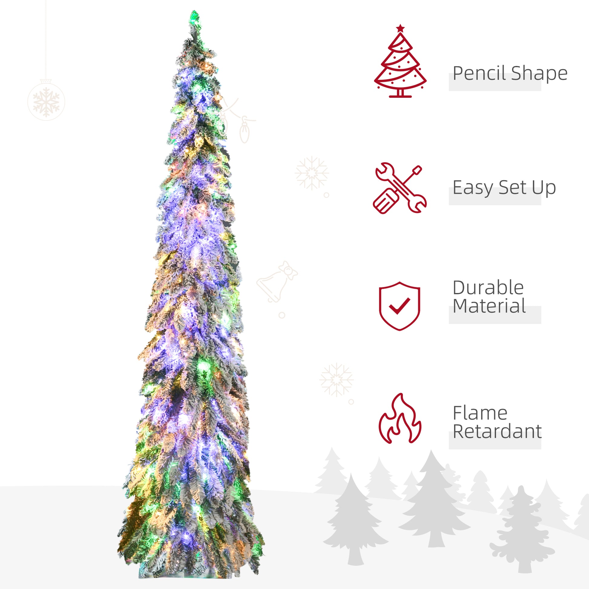 Slim flocked artificial Christmas tree pre-lit with multicolor LED lights and pencil shape design