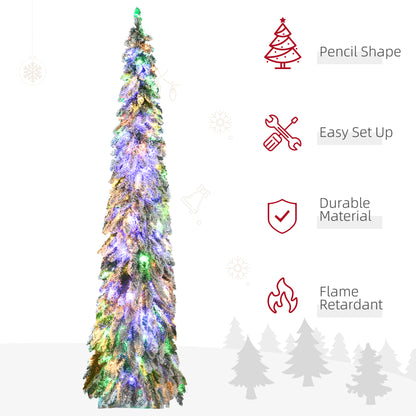 Slim flocked artificial Christmas tree pre-lit with multicolor LED lights and pencil shape design